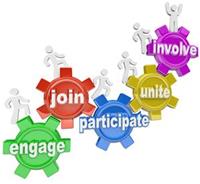 Cartoon gears with engage, join, participate, unite and involve